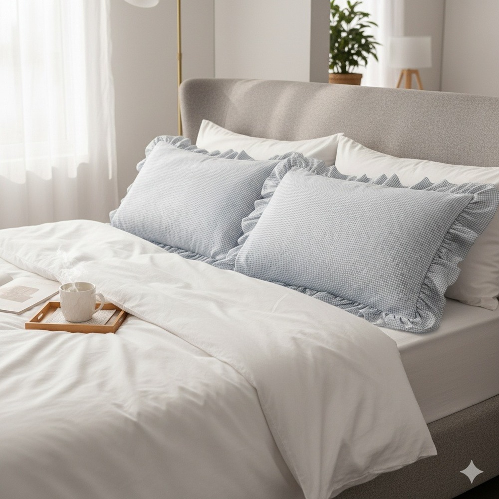 JCPenney Home‎ Collection Standard Pillow Shams x2 Blue White Gingham Ruffle